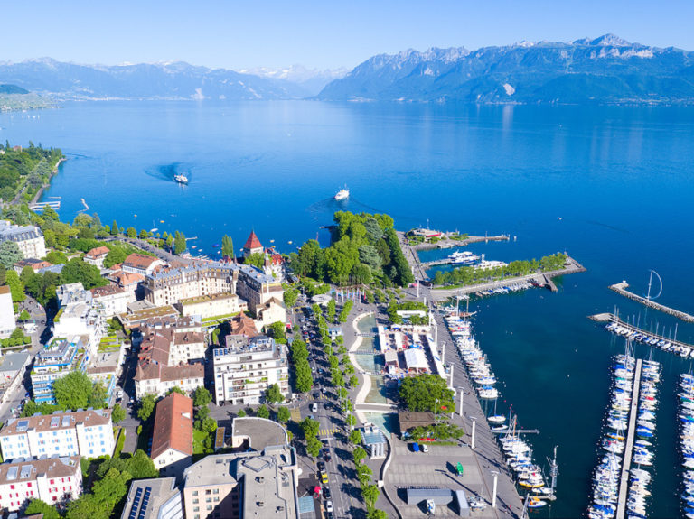 Vue panoramique de Lausanne-Ouchy, prises de vues exclusives pour Lausanne Tourisme avec drône, juin 2017