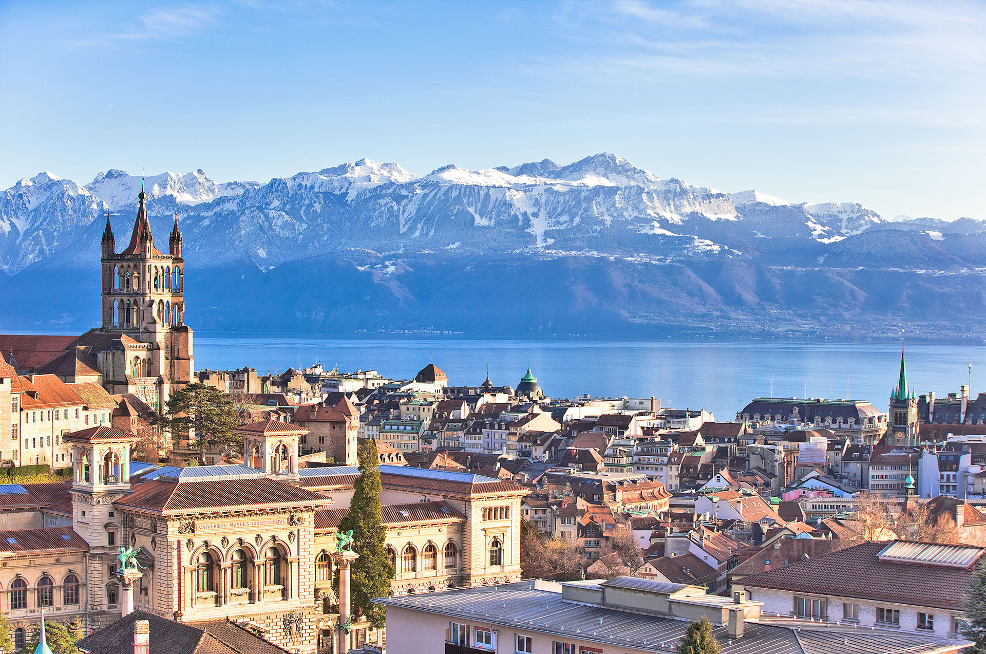 Vue sur la Cité, le lac, les Alpes