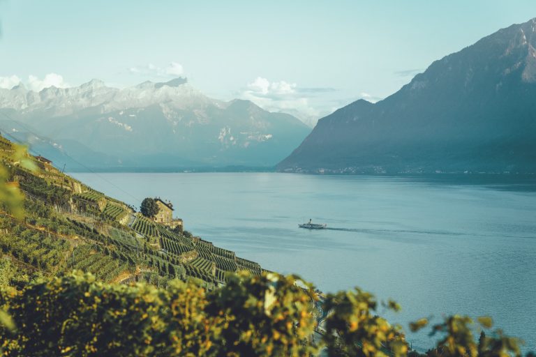 Vue sur les vignobles en terrasses de Lavaux (Patrimoine mondial de l'UNESCO) avec un bateau de la CGN - Compagnie Generale de Navigation sur le lac Leman.