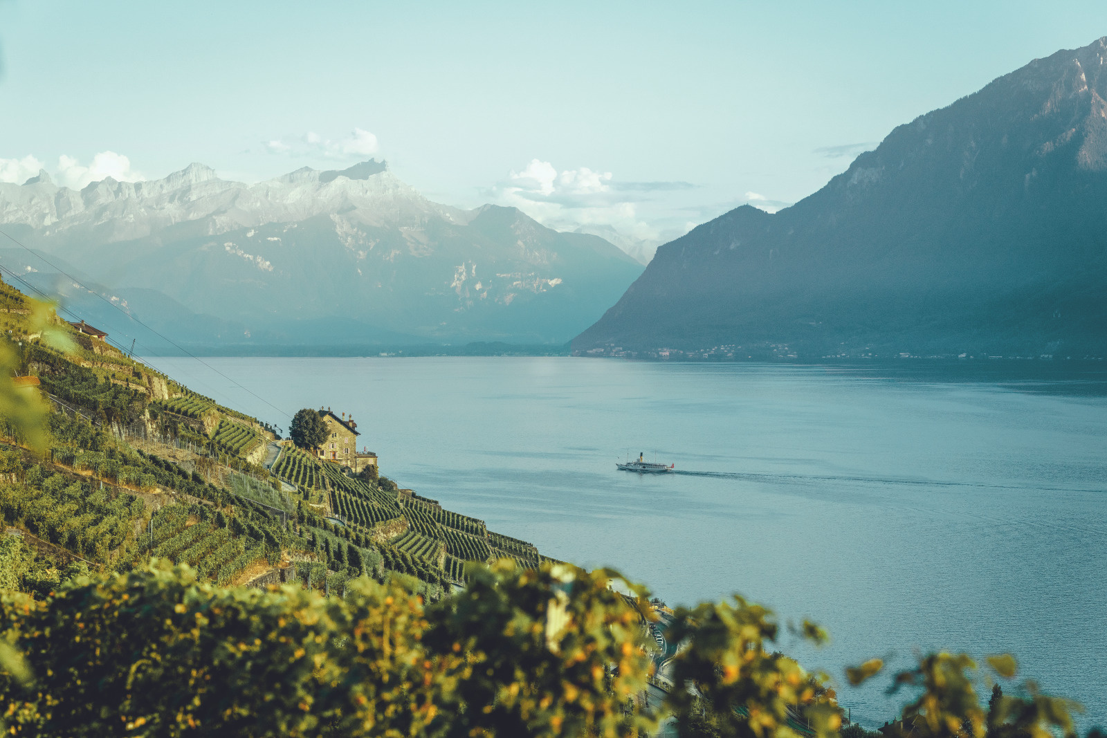 Vue sur les vignobles en terrasses de Lavaux (Patrimoine mondial de l'UNESCO) avec un bateau de la CGN - Compagnie Generale de Navigation sur le lac Leman.